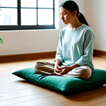 A person, fully clothed in modest, comfortable, neutral-colored attire, sits in a serene meditative pose on a simple floor cushion. The setting is a minimalist, tranquil indoor space with soft, diffused natural light entering from a window. A potted green plant sits on a small, uncluttered table in the background, adding a touch of natural peace. The subject's face reflects a deep sense of inner calm and focused stillness. Perfect anatomy, correct proportions, natural pose, well-formed hands, proper finger count, natural body proportions. safe for work, appropriate content, fully clothed, modest, professional photography, high quality.