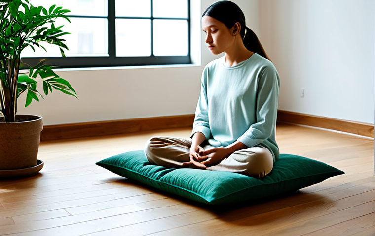 A person, fully clothed in modest, comfortable, neutral-colored attire, sits in a serene meditative pose on a simple floor cushion. The setting is a minimalist, tranquil indoor space with soft, diffused natural light entering from a window. A potted green plant sits on a small, uncluttered table in the background, adding a touch of natural peace. The subject's face reflects a deep sense of inner calm and focused stillness. Perfect anatomy, correct proportions, natural pose, well-formed hands, proper finger count, natural body proportions. safe for work, appropriate content, fully clothed, modest, professional photography, high quality.