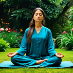 **

"A serene woman meditating in a lush garden, fully clothed in comfortable, flowing clothing, surrounded by vibrant flowers and trees, safe for work, appropriate content, perfect anatomy, natural proportions, professional photography, tranquil atmosphere, family-friendly."

**