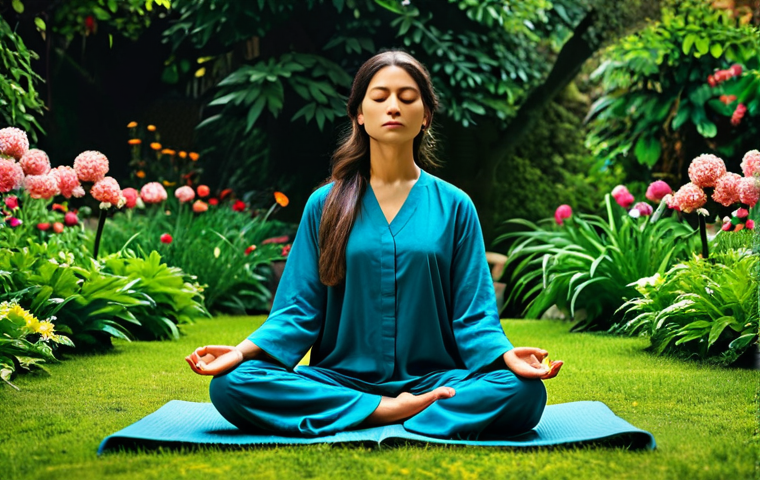 **
"A serene woman meditating in a lush garden, fully clothed in comfortable, flowing clothing, surrounded by vibrant flowers and trees, safe for work, appropriate content, perfect anatomy, natural proportions, professional photography, tranquil atmosphere, family-friendly."
**