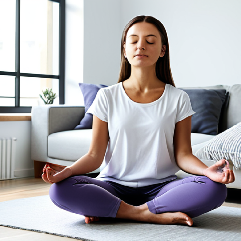 **
"A serene meditation space in a modern apartment, featuring a comfortable cushion, a small plant, and a lavender essential oil diffuser. Soft, natural light fills the room. A woman in comfortable, modest clothing is sitting in a cross-legged position, eyes closed, hands resting gently on her knees. The overall mood is peaceful and inviting. High quality, realistic, safe for work, appropriate content, fully clothed, professional, modest, family-friendly, perfect anatomy, correct proportions, natural pose, well-formed hands, proper finger count, natural body proportions."
**
