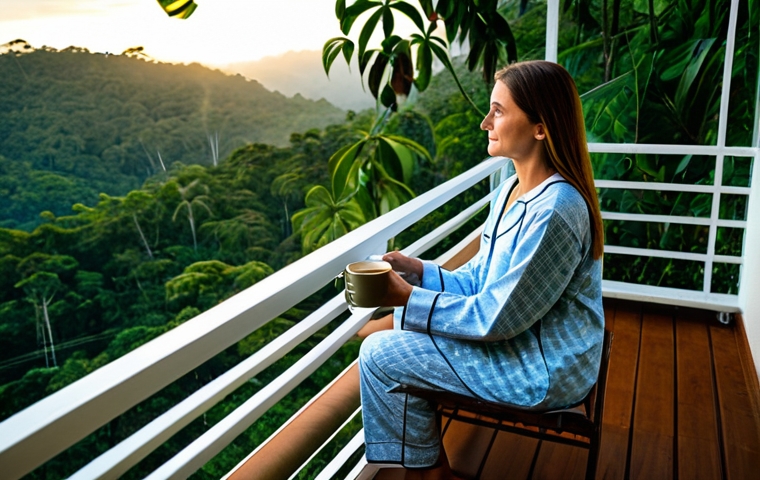 내면 평화를 위한 감사 명상 실천하기 - Peaceful Morning Routine**
"A woman in her 30s, fully clothed in modest pajamas, sitting on her bal...