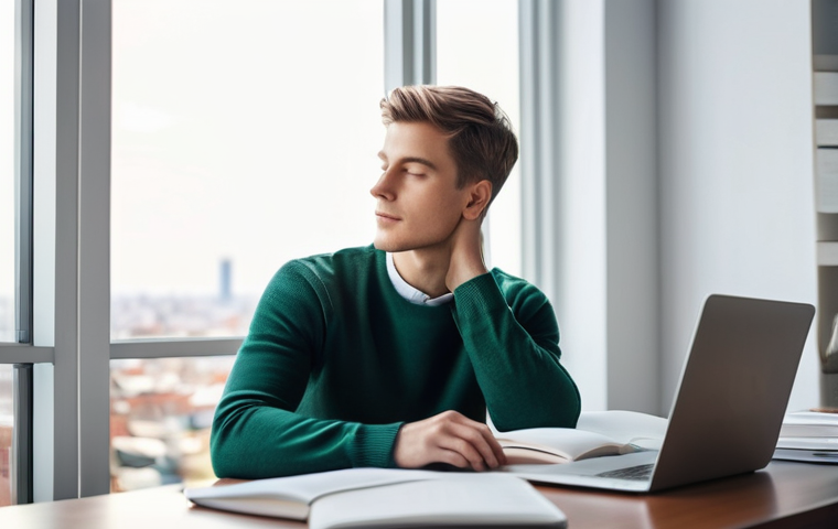 내면 평화 명상과 자기개발의 연관성 - **Prompt 1: Focused Tranquility in a Modern Workspace**
"A young adult, dressed in smart-casual,...