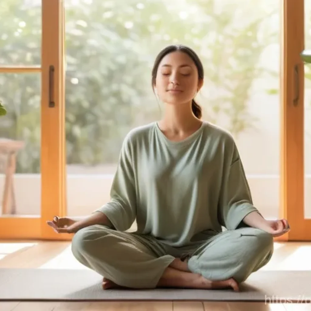 내면 평화를 위한 집중 명상 연습 - **Prompt:** A serene and calm woman in her late 20s to early 30s, meditating peacefully in a sunlit,...