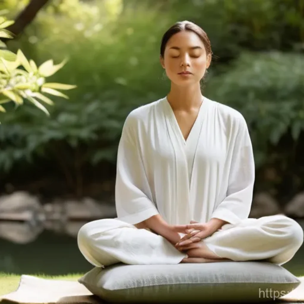 내면 평화 명상에서의 심리적 이점 - **Prompt:** A serene adult individual, gender-neutral, comfortably seated on a simple meditation cus...