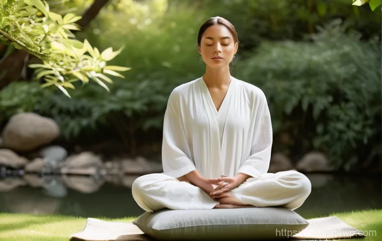 내면 평화 명상에서의 심리적 이점 - **Prompt:** A serene adult individual, gender-neutral, comfortably seated on a simple meditation cus...