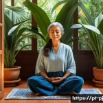 Home 21 내면 평화 명상에서의 자아 수용 - A serene meditation scene set in a cozy, softly lit room with warm Portuguese decor elements such as...