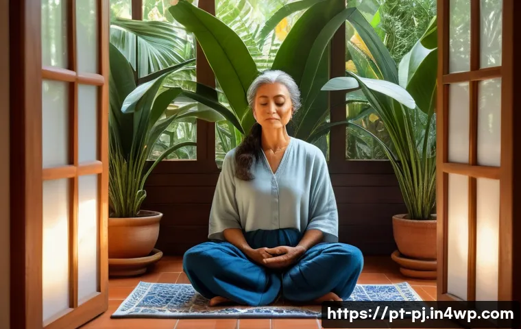 내면 평화 명상에서의 자아 수용 - A serene meditation scene set in a cozy, softly lit room with warm Portuguese decor elements such as...