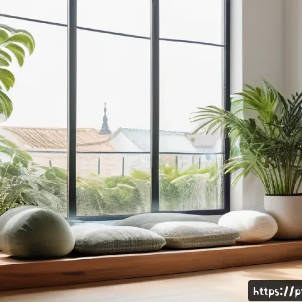 내면 평화를 위한 주의 집중 명상 수행 - A serene indoor meditation corner bathed in soft natural light filtering through a large window, fea...