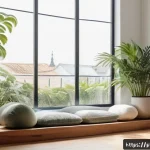 Home 20 내면 평화를 위한 주의 집중 명상 수행 - A serene indoor meditation corner bathed in soft natural light filtering through a large window, fea...