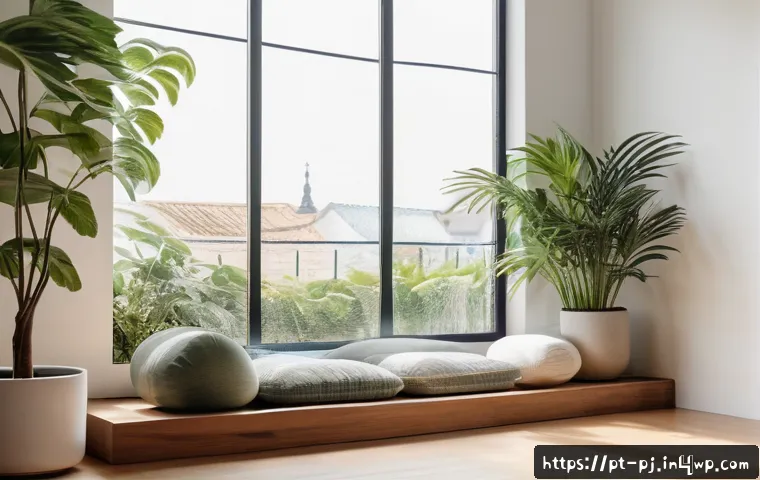 내면 평화를 위한 주의 집중 명상 수행 - A serene indoor meditation corner bathed in soft natural light filtering through a large window, fea...