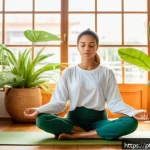 Home 19 내면 평화 명상과 인지 행동 치료의 연계 - A serene young adult woman practicing mindfulness meditation in a cozy, sunlit Brazilian apartment l...