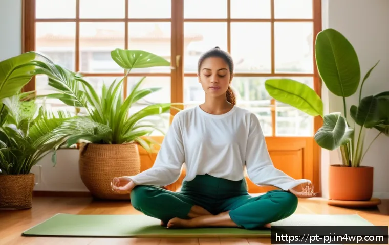 내면 평화 명상과 인지 행동 치료의 연계 - A serene young adult woman practicing mindfulness meditation in a cozy, sunlit Brazilian apartment l...